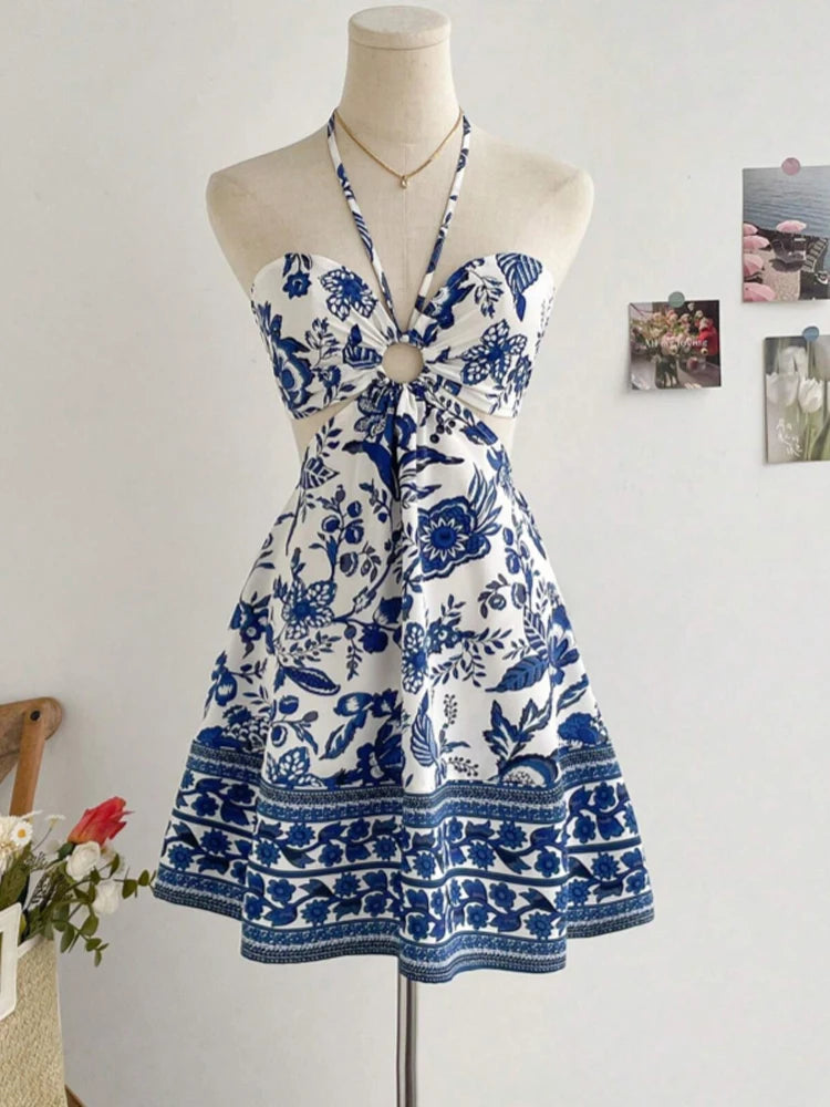 Romantic Floral Halter-Neck Vacation Dress