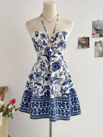 Romantic Floral Halter-Neck Vacation Dress