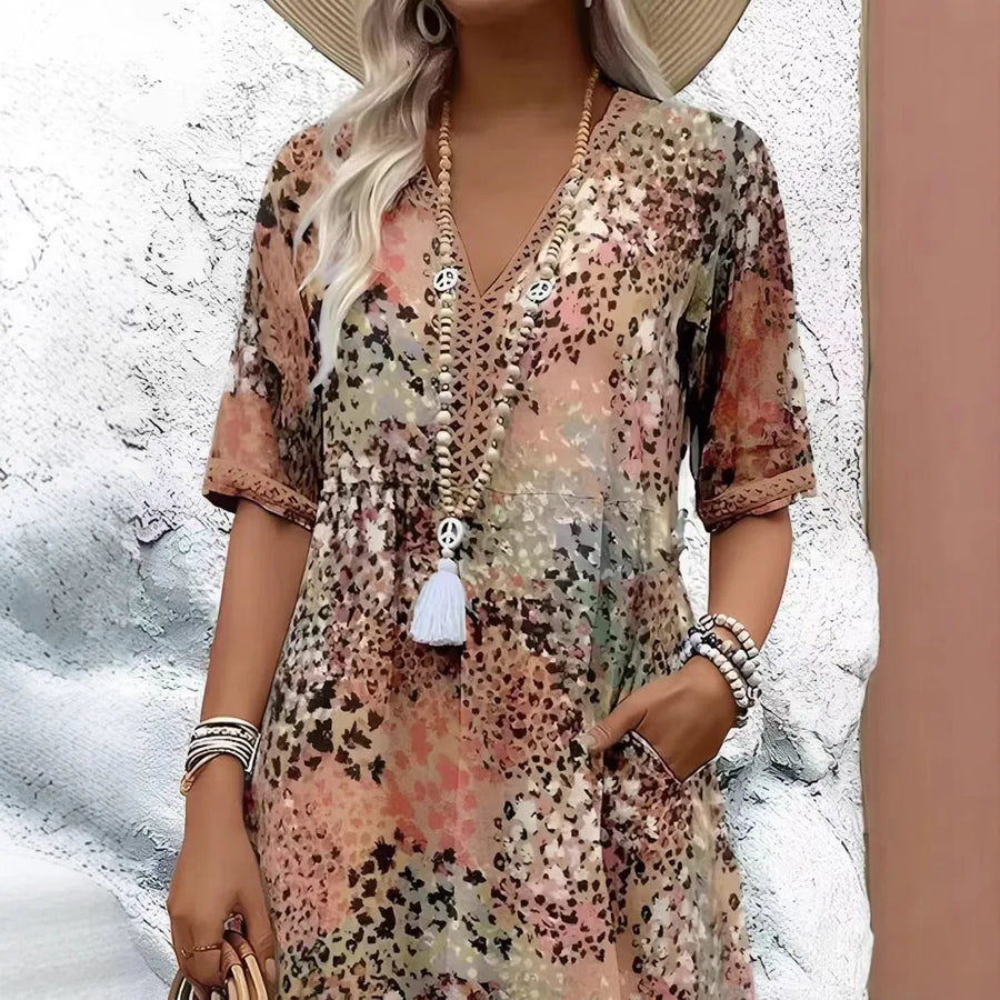 Elegant Floral Lace-Trim V-Neck Dress
