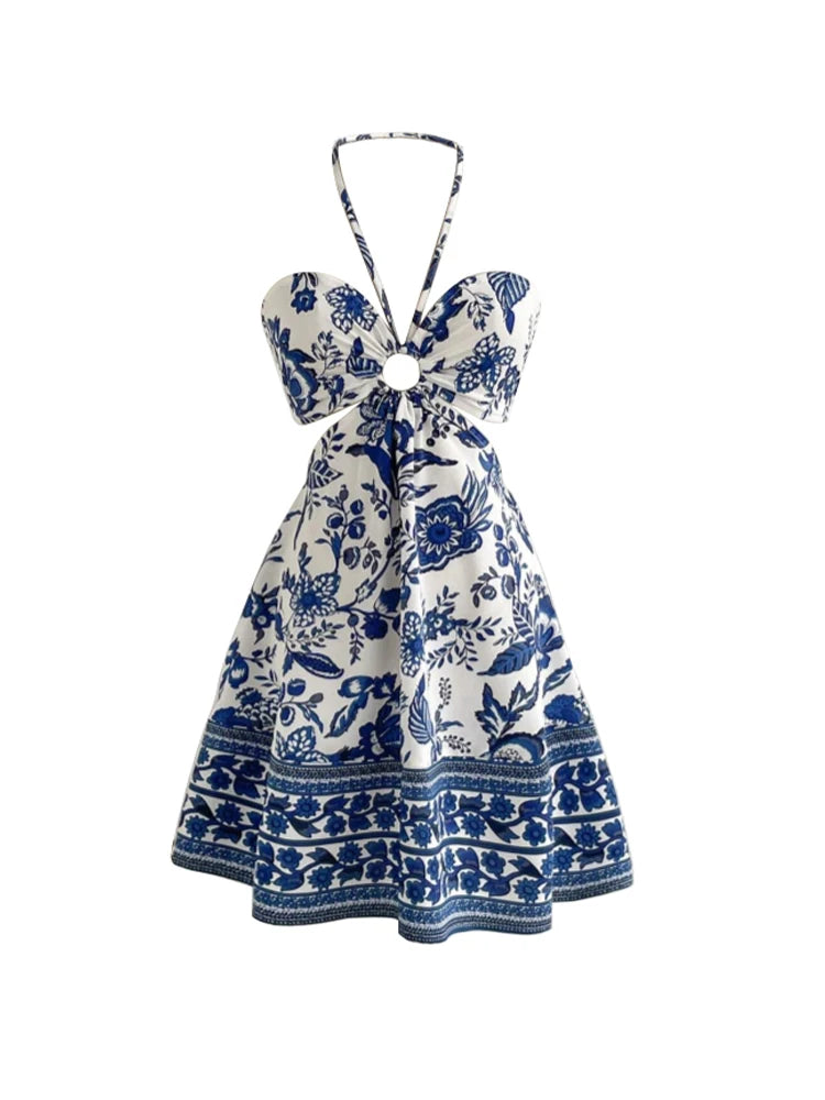 Romantic Floral Halter-Neck Vacation Dress
